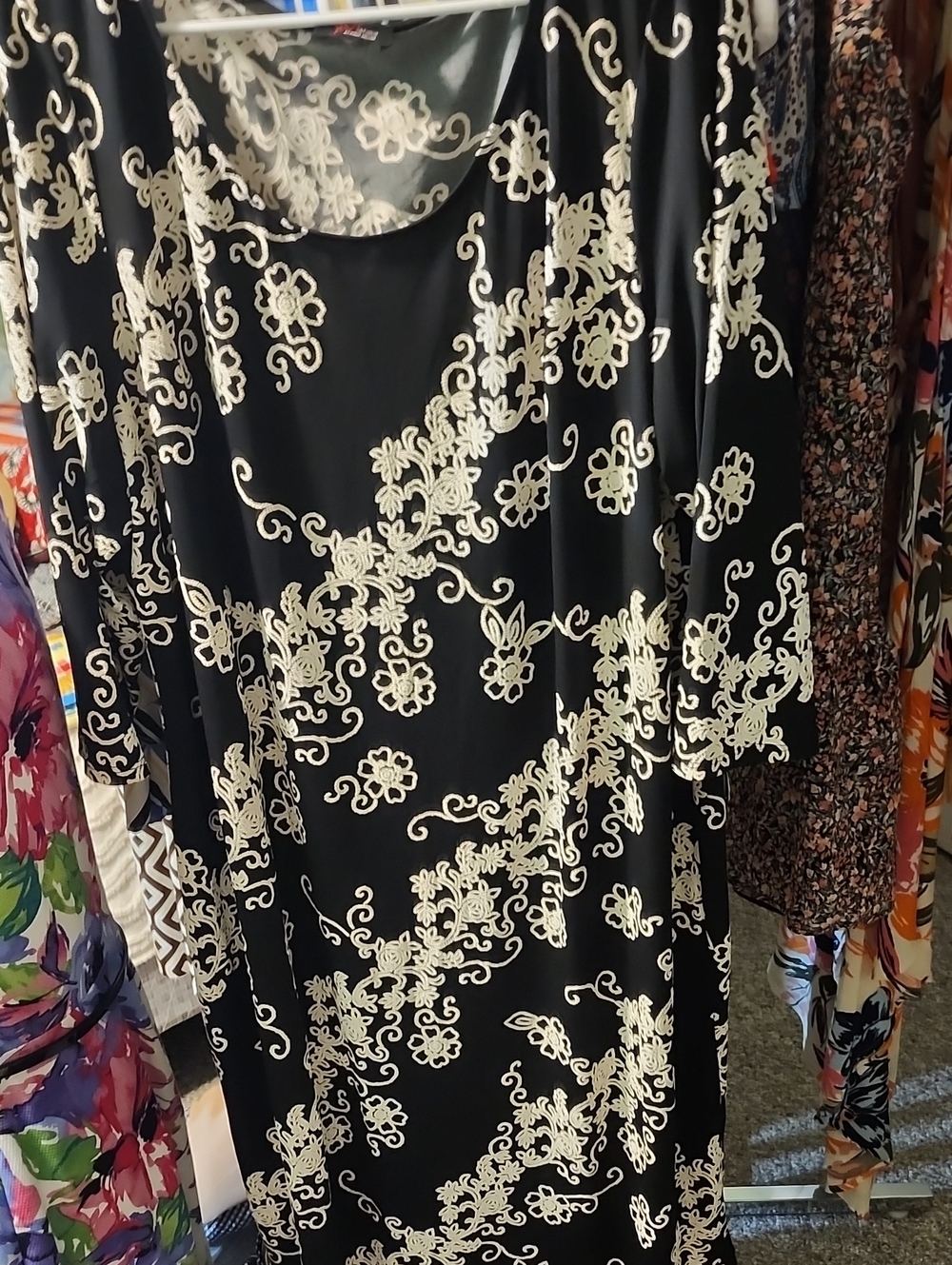 Black Long-Sleeve Dress with Cream Floral Lace Print